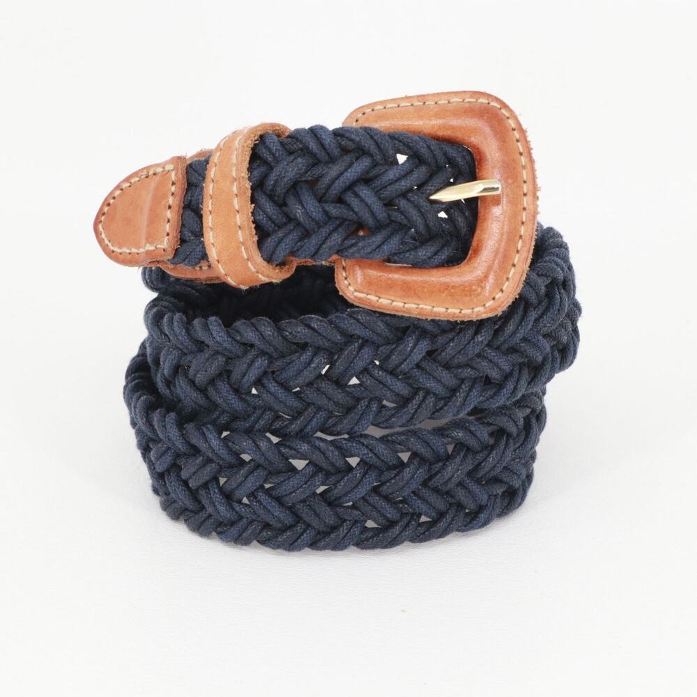 New York Studio Belt Women M Navy Blue Braided Leather Tan Trim Buckle Adj